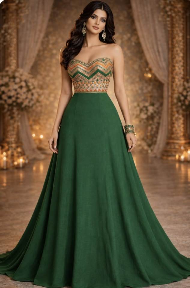 Emerald Silk Cotton Gown with Silver Gota Work