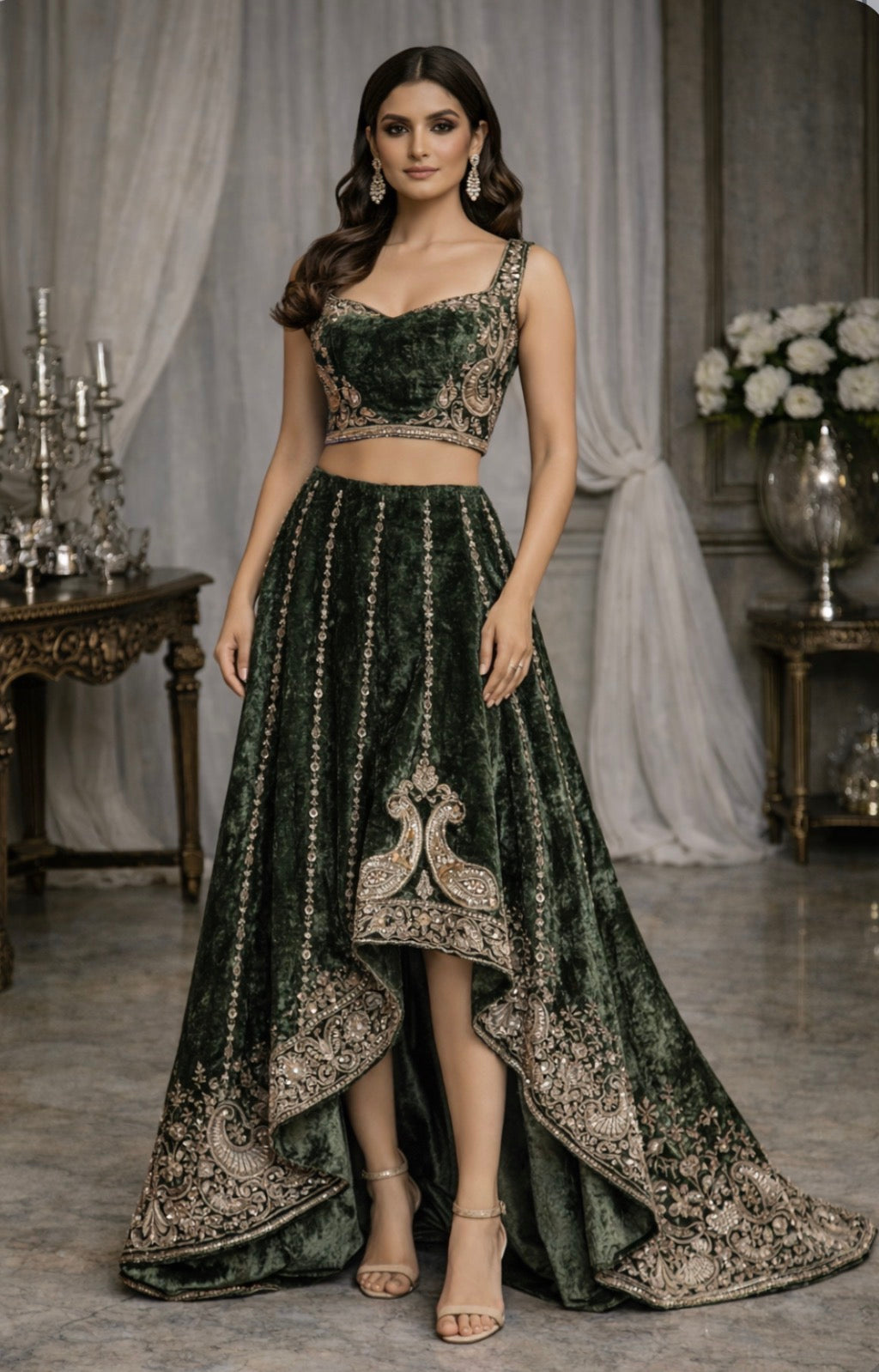 Emerald Velvet High-Low Ensemble with Intricate Zari Work