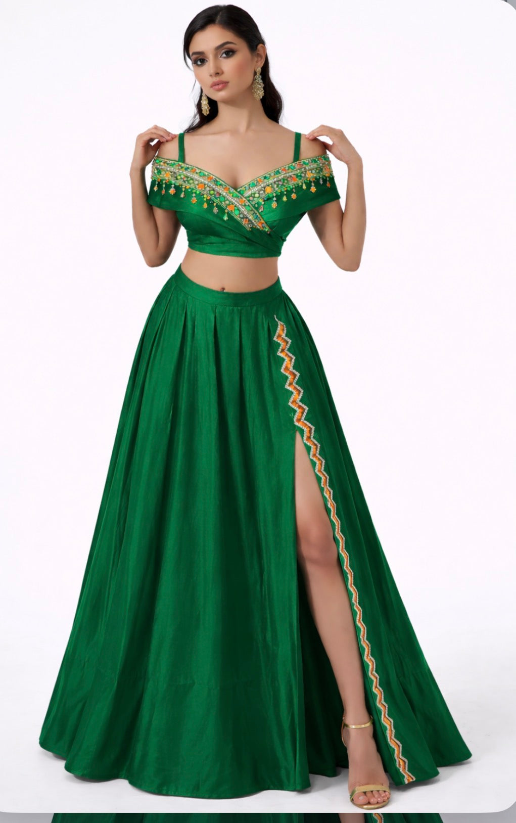 Emerald Cotton Silk Couture Gown with Silver Gota & Net Overlay