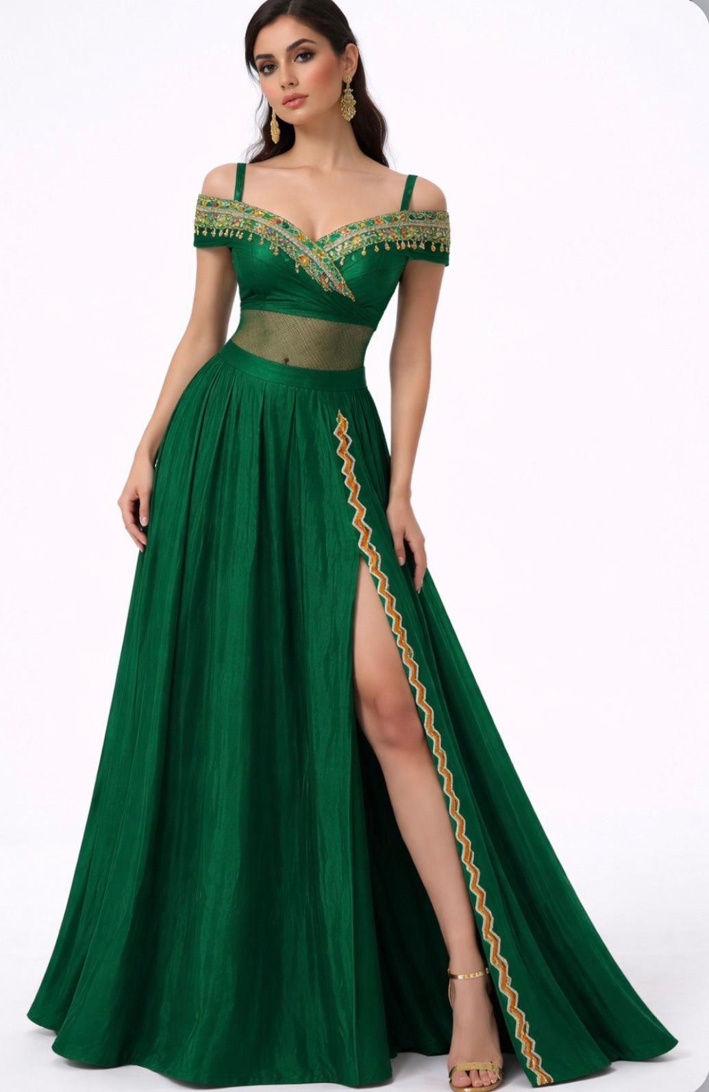 Emerald Cotton Silk Couture Gown with Silver Gota & Net Overlay