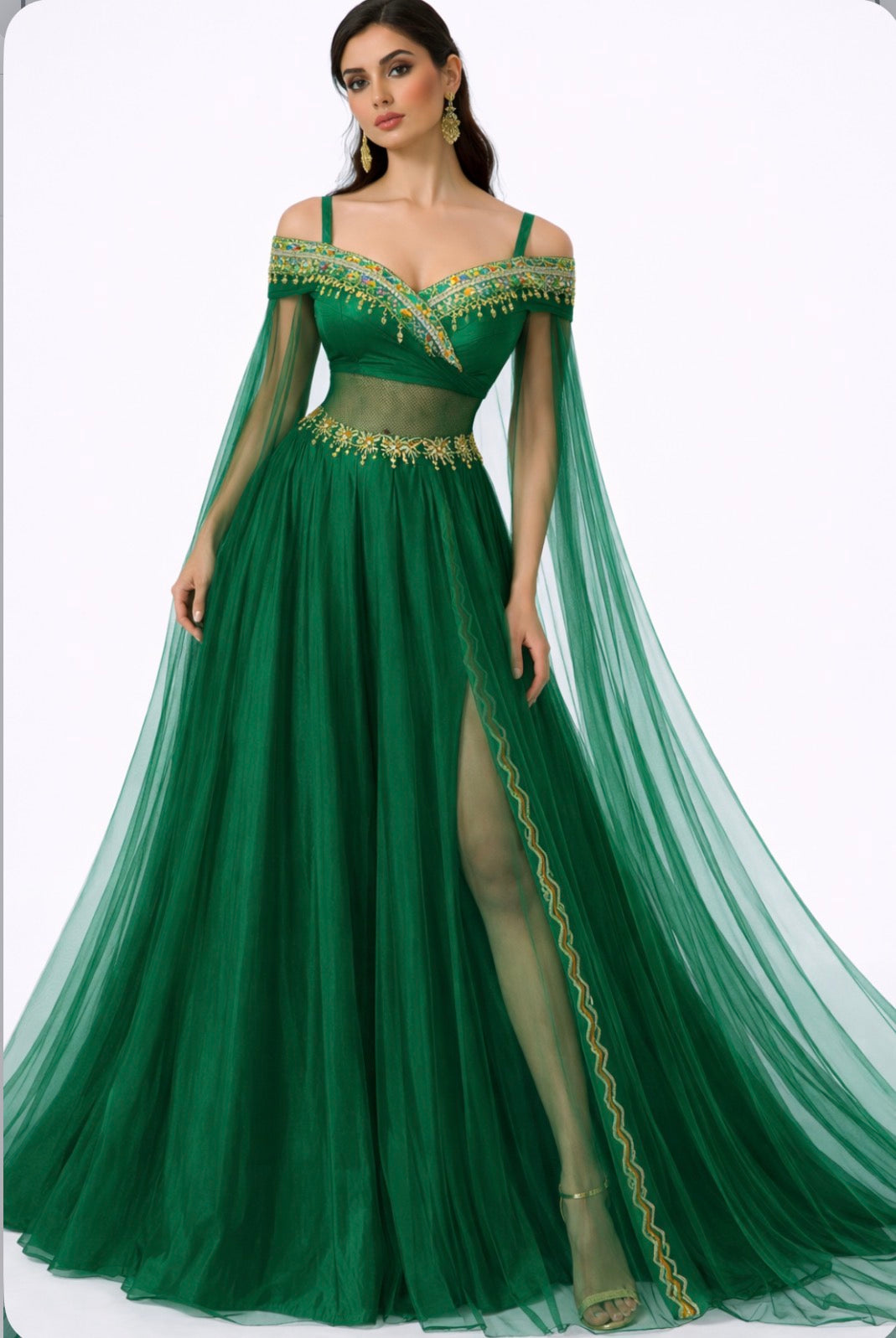 Emerald Cotton Silk Couture Gown with Silver Gota & Net Overlay