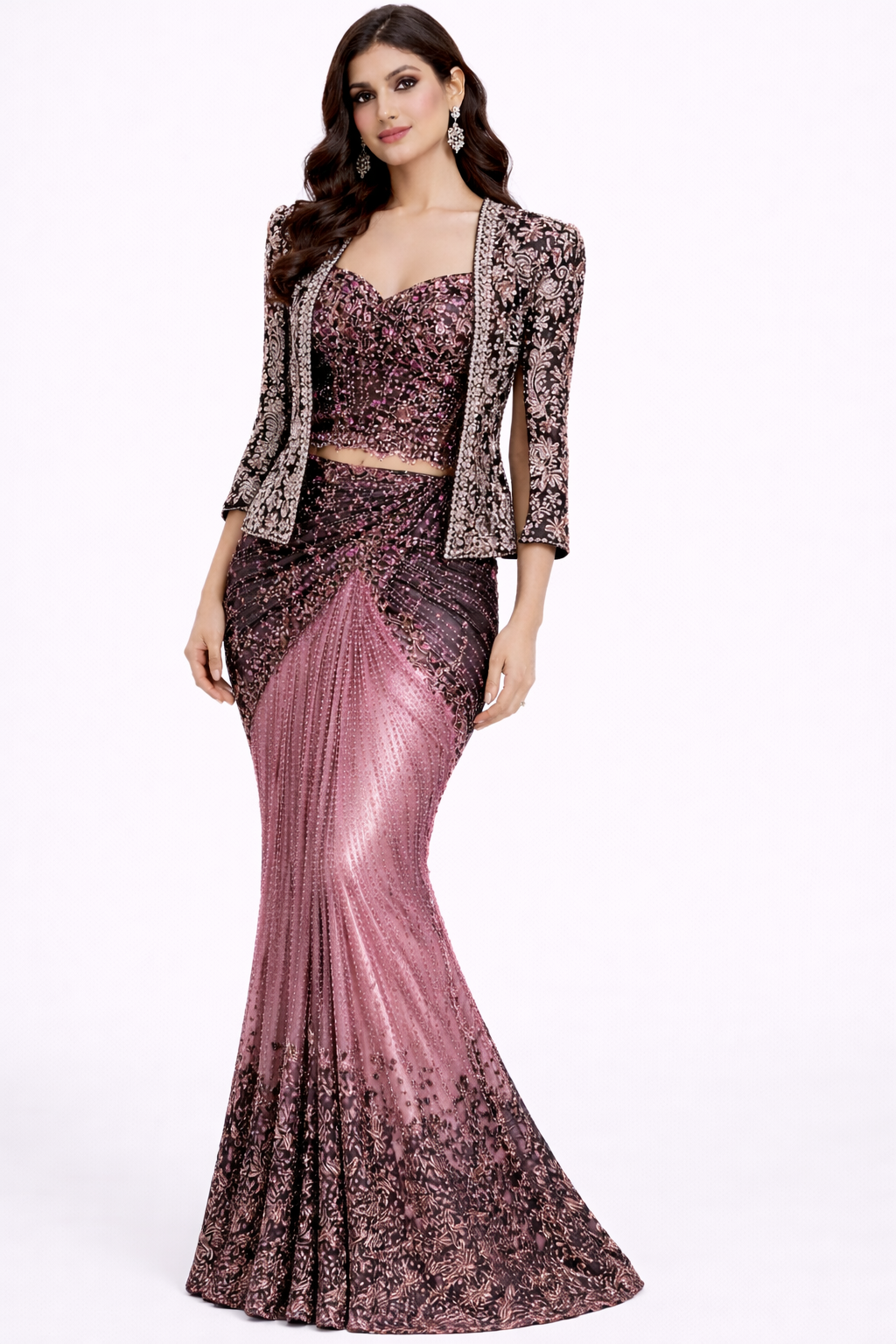 Emerald & Black Couture Drape Set with Embellished Jacket