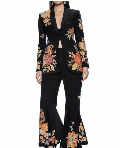 Black Cotton-Silk Couture Set with 3D Floral Appliqué