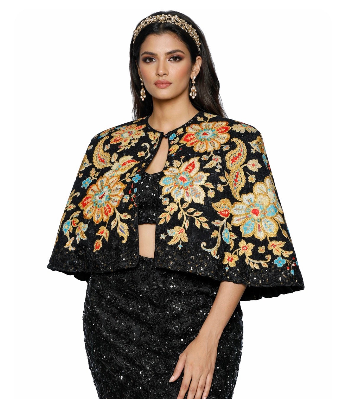 Black Cotton-Silk Couture Set with 3D Floral Appliqué